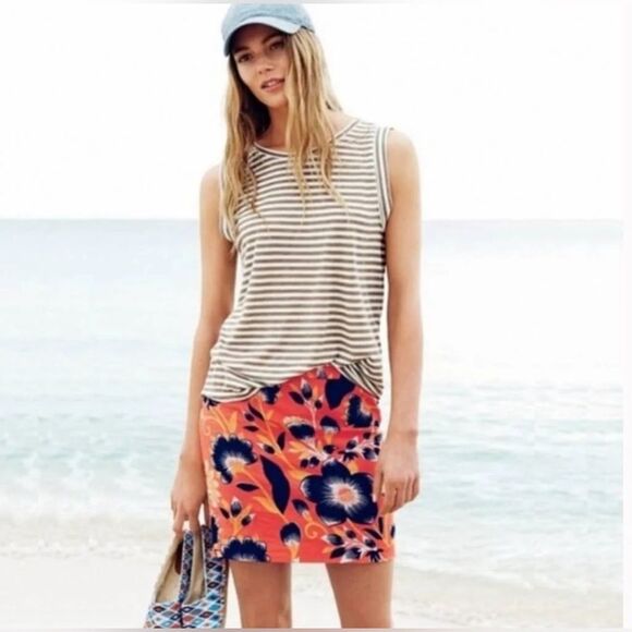 J. Crew Linen Postage Stamp Mini Skirt Coral Navy Hibiscus Floral Print Size 0 - Picture 5 of 10